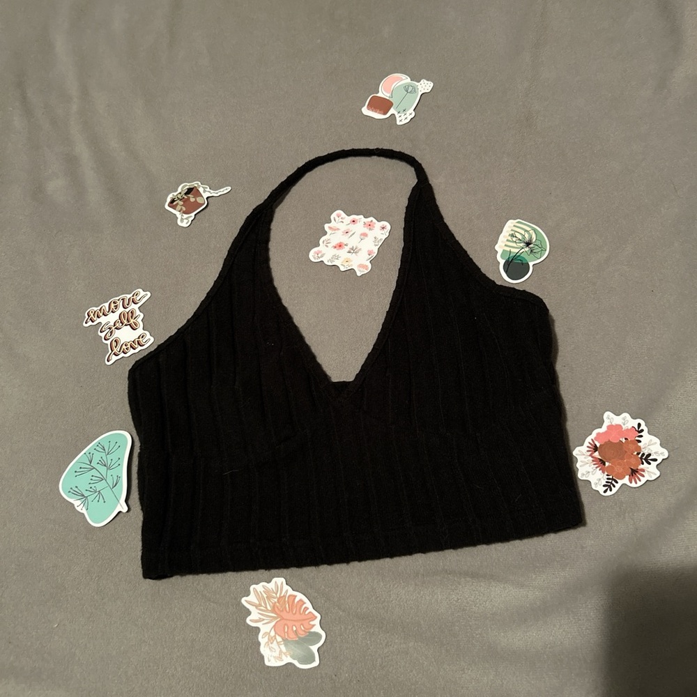black stretchy halter top with ribbed detail